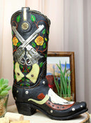 Rustic Western Roses 2 Pistols Horseshoe Cow Skull Cowboy Boot Vase Figurine