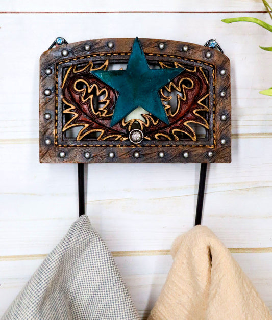 Rustic Western Lone Star Tooled Leather Bootcut Patterns 2-Peg Wall Hooks Decor