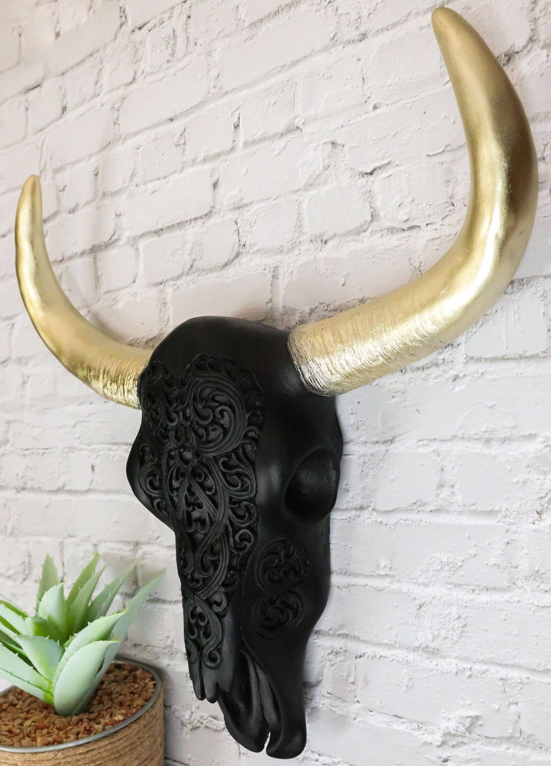 Black And Gold Tribal Floral Tattoo Tooled Filigree Bull Cow Skull Wall Decor