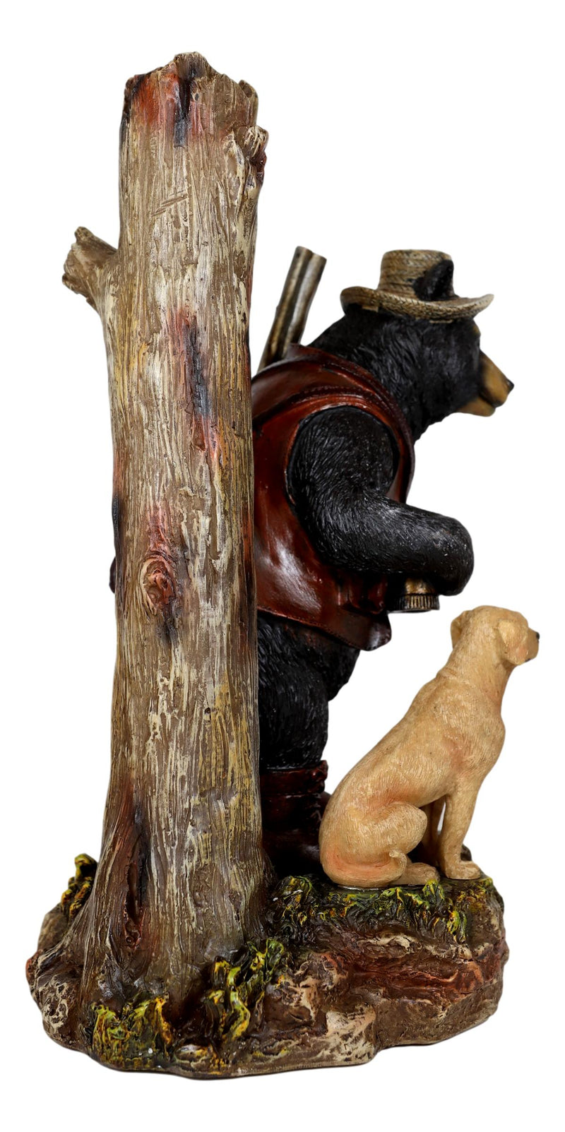 Rustic Black Bear Carrying Backpack Binoculars Shotgun With Hunting Dog Figurine