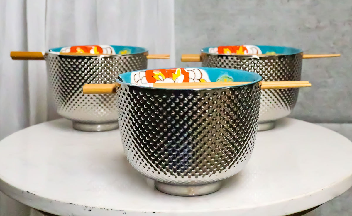 Set of 3 Luxury Ottoman Silver Plated Ramen Bowls Chopsticks Turquoise Flowers