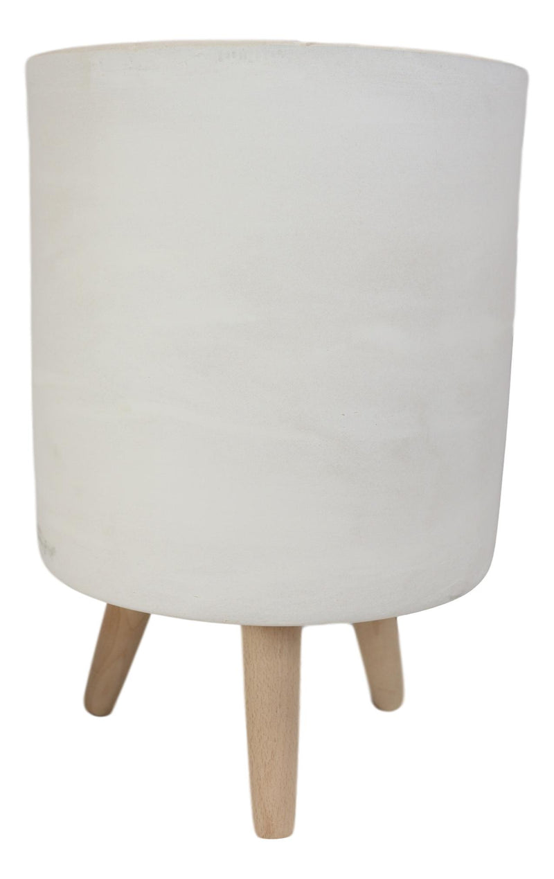 Set of 3 Contemporary White Fiber Clay Cylindrical Planter Pots With Wooden Feet