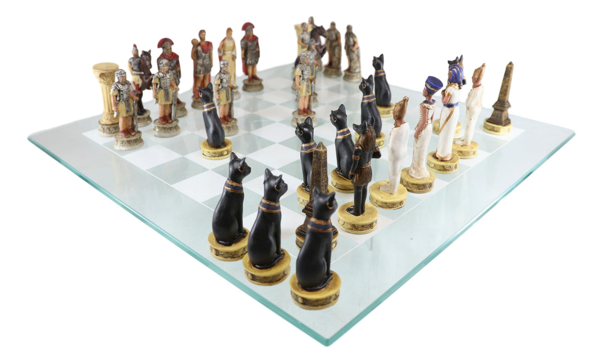 Ebros Pharaoh Egyptian VS Caesar Roman Empire Resin Chess Pieces W/ Glass Board - Ebros Gift