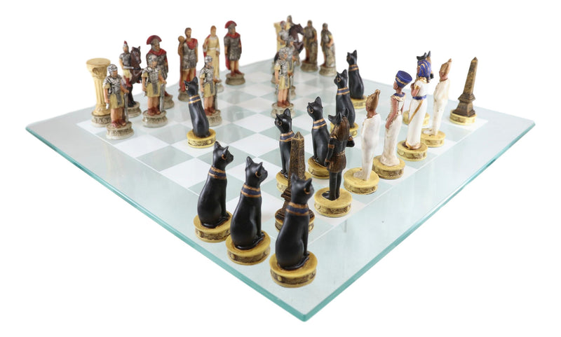 Ebros Pharaoh Egyptian VS Caesar Roman Empire Resin Chess Pieces W/ Glass Board