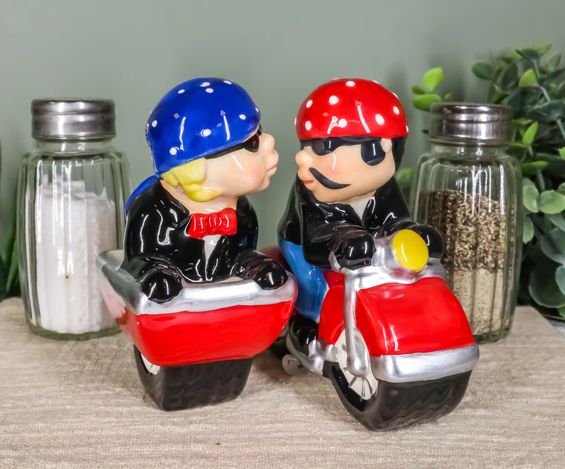 Patriotic Biker Couple Riding Motorcycle and Side Car Rig Salt Pepper Shakers