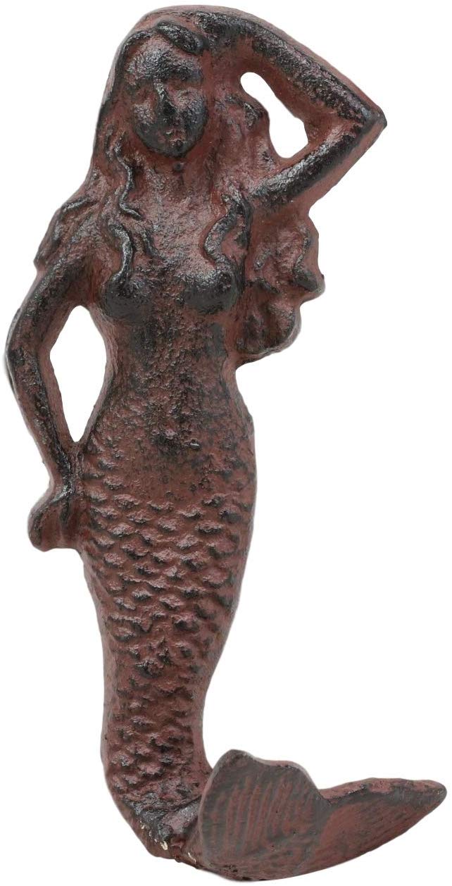 Ebros Gift 6" Tall Cast Iron Rustic Vintage Finish Wall Coat Hook Mermaids Decorative Accent Hooks for Keys Leashes Hats (4)