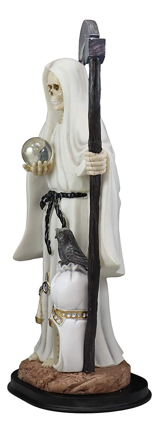 Ebros Gift Large 16.75" Tall Holy Death Santa Muerte Holding Scythe, Glass Globe with Scales of Justice and Owl in Tunic Robe Statue Figurine (White) (WHITE) - Ebros Gift