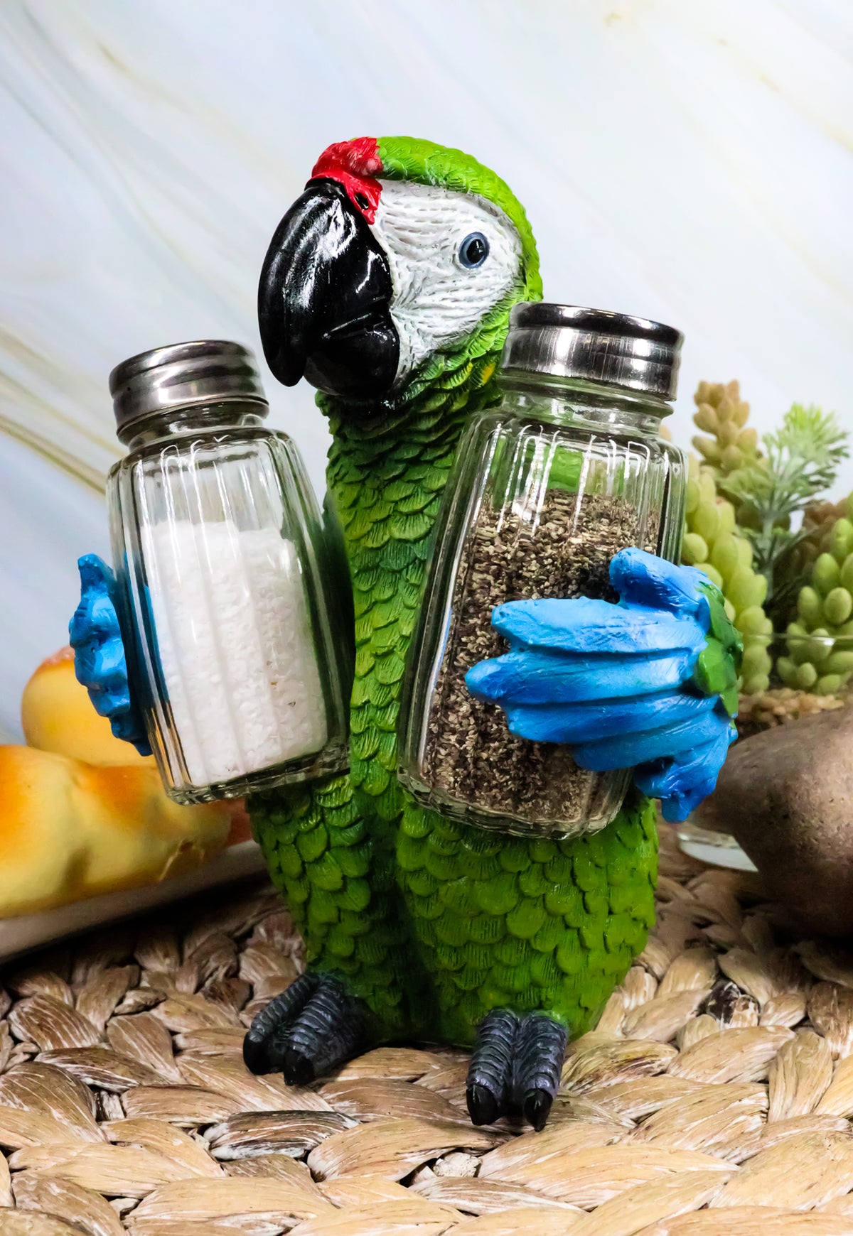 Ebros Tropical Rainforest Green Military Macaw Parrot Salt Pepper Shakers Holder - Ebros Gift