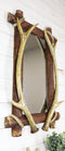 Western Rustic Stag Deer Antlers Rack On Wooden Logs Wall Mirror Plaque 22'H