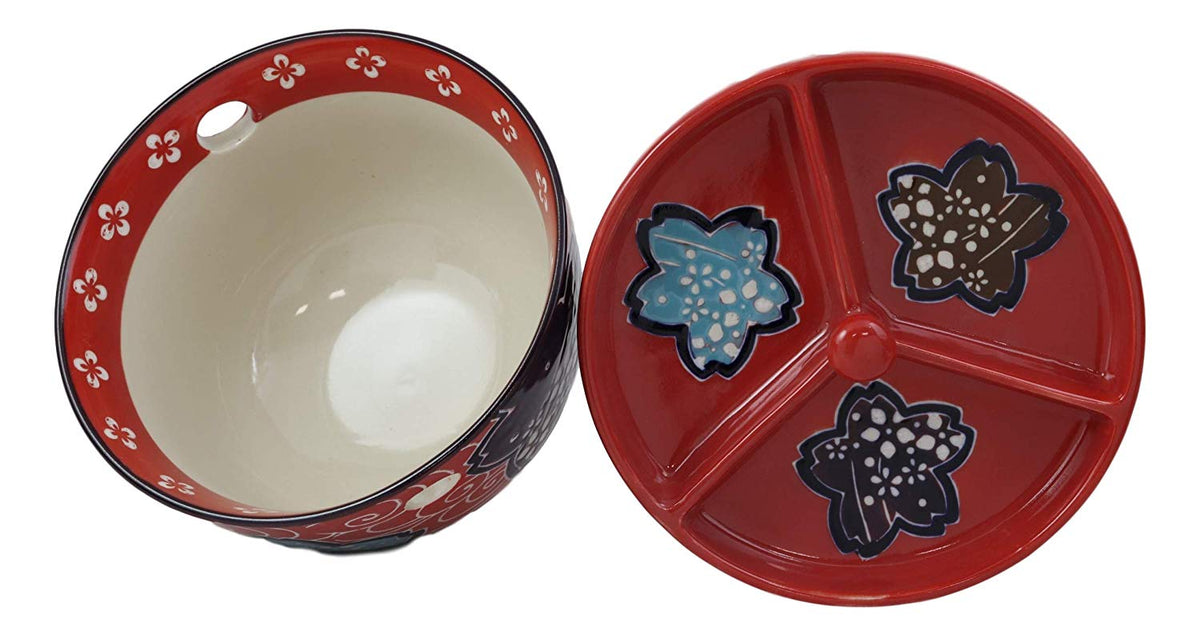 Ebros Japanese Dining Tempura Udon Noodles And Tentsuyu Dipping Sauce Large 6"D Bowl With Condiment Divider Lid And Built In Chopsticks Rest With Bamboo Chopsticks Set (Red Floral Breeze)