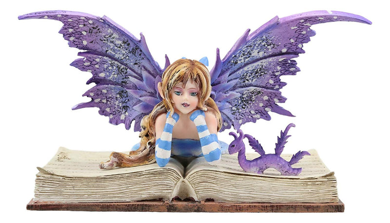 Ebros Amy Brown Purple Lavender Book Worm Fairy with Pet Dragon Statue 7.25" Long Fantasy Mythical Reading Faery FAE Magic Watercolor Collectible Decor Figurine