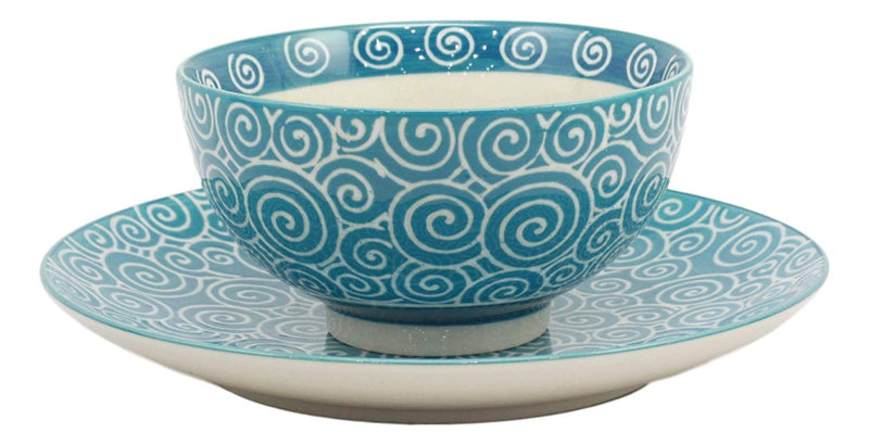 Ebros Aqua Blue Swirls Contemporary Designer Ceramic Dinnerware Bowl Mug Plate Set