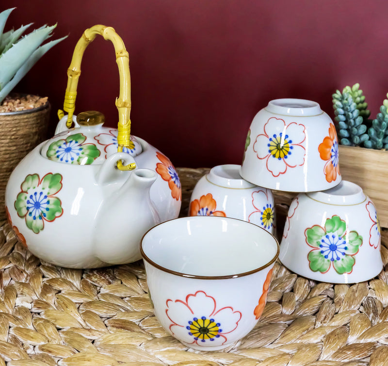 Ebros Japanese Design Colorful Botanic Floral Design Porcelain White Tea Pot 22oz and Cups Set Serves 4 Guests Home Decor Asian Fusion Zen Fengshui Decorative Teasets Birthday Housewarming Gifts