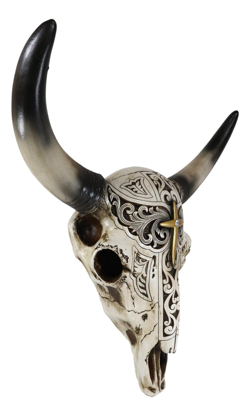 Western Bull Steer Bison Cow Skull Filigree With Gold Cross Wall Decor Figurine