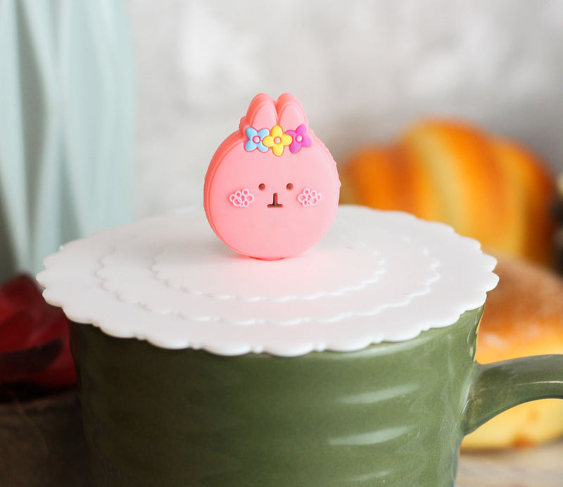 Pack Of 4 Pink Rabbit Reusable Silicone Coffee Tea Cup Lids Covers Air Tight