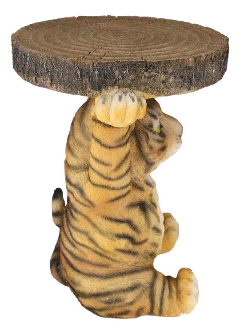 Jungle Bengal Orange Tiger Cub Holding Faux Wood Slice Table Stand Figurine