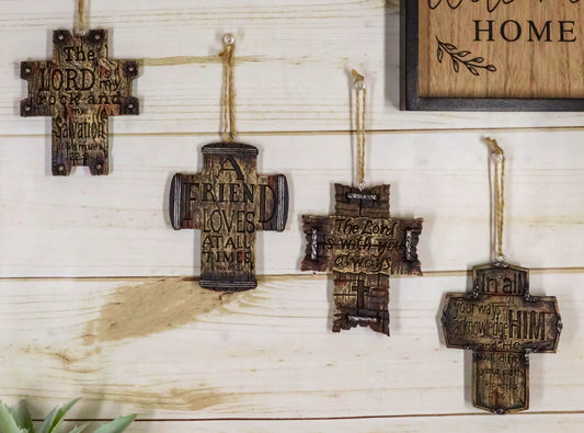 Rustic Western Christian Bible Verses Crosses Set of 4 Christmas Tree Ornaments