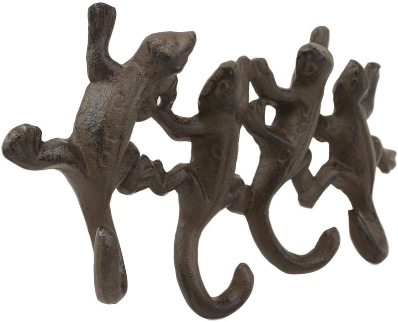 Ebros Cast Iron Rustic Animal Reptile Gecko Lizards Tails 4 Pegs Quad Wall Hooks 9.25" Wide Hanger Lizard Geckos Themed Wall Mount Leash Coat Hat Keys Hook Decor Hanging Sculpture Plaque