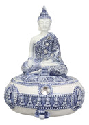 Ebros Gift Bhumisparsha Mudra Buddha Amitabha Meditating Terracotta Blue and White Round Jewelry Box Figurine 5.25" Diameter Buddhist Eastern Enlightenment Trinket Box Accessory Feng Shui Decor