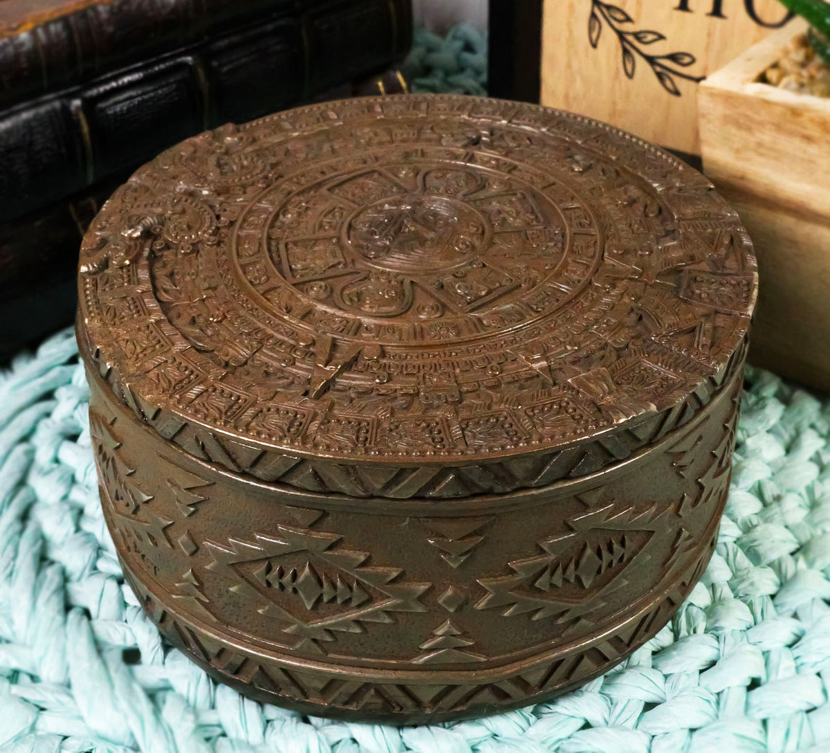 Aztec Maya Solar Sun Calendar Mesoamerican Medallion Jewelry Box Figurine