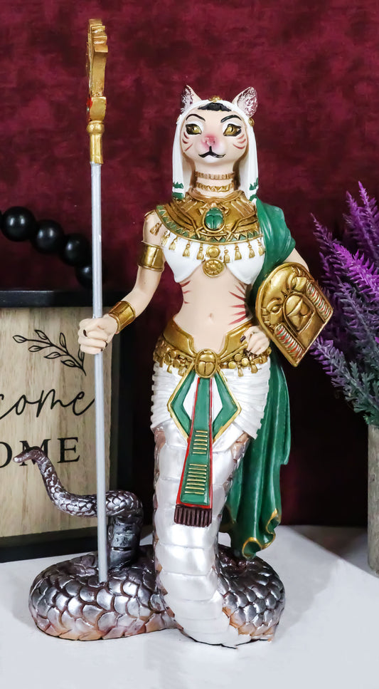 Ebros 11" Tall Colorful Egyptian Feline Goddess Bastet Cat with Slain Snake Apep Tail Holding Spear & Shield Statue 11" H Ubasti Bast Figurine - Ebros Gift