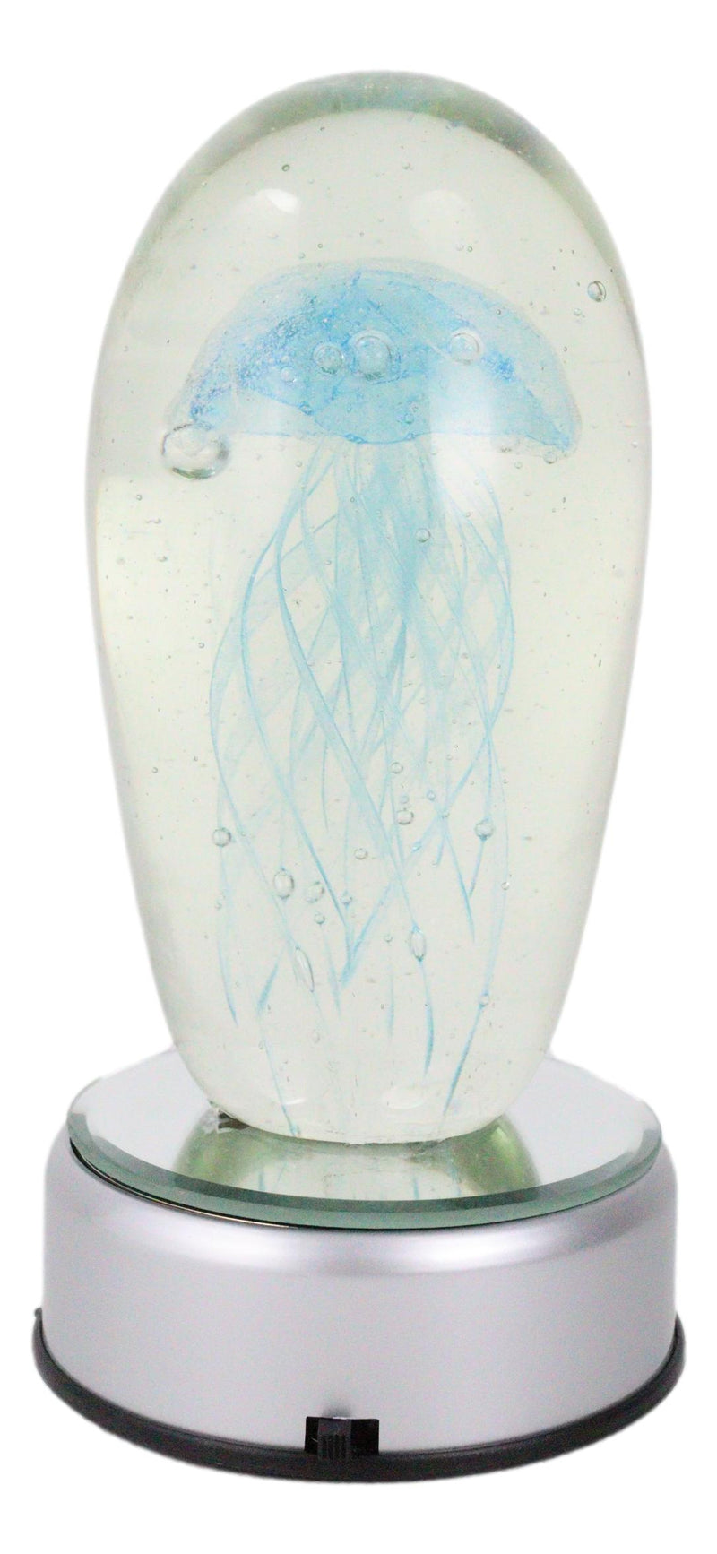Ebros Glow In The Dark Light Blue Jellyfish 6"H Glass Egg With Color LED Base