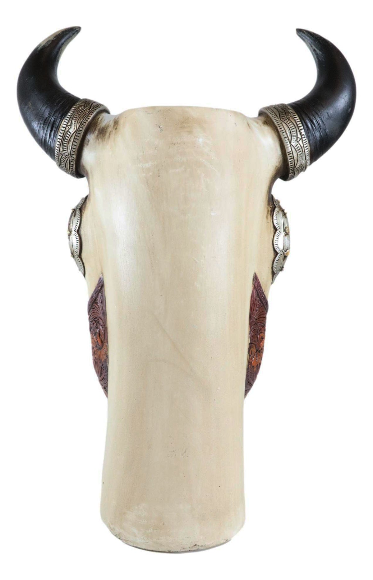 Southwest Cow Skull With Tooled Leather Mask And Turquoise Cross Vase Figurine