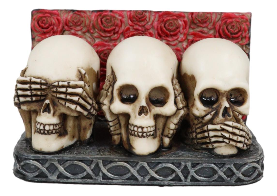 Gothic See Hear Speak No Evil Skulls By Red Roses Business Cards Holder Figurine