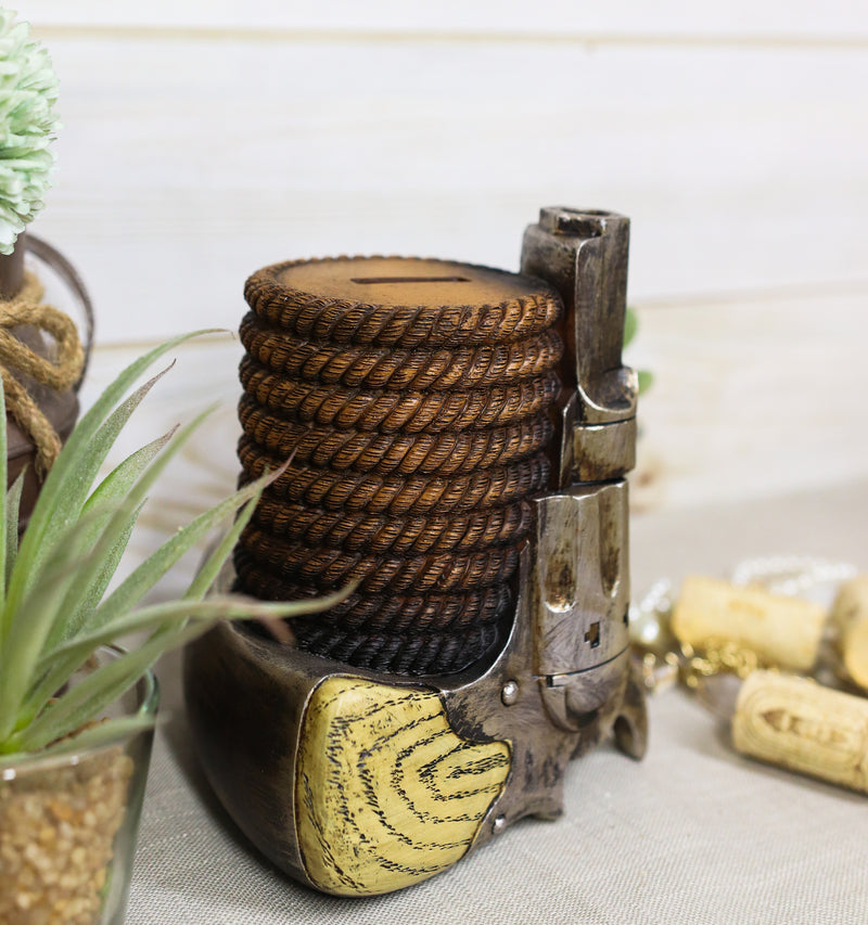 Ebros Western Rustic Revolver Six Shooter And Cowboy Ropes Piggy Coin Bank Figurine
