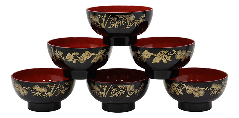 Ebros Made In Japan Black Red And Royal Gold Lacquer Copolymer Bowl 8oz Set Of 6