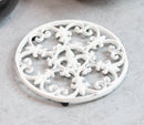 Rustic White Fleur De Lis Medallion In Snowflake Scroll Design Cast Iron Trivet