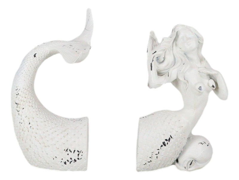 Rustic White Stone Finish Ocean Siren Mermaid Body & Tail Bookends Figurine Set