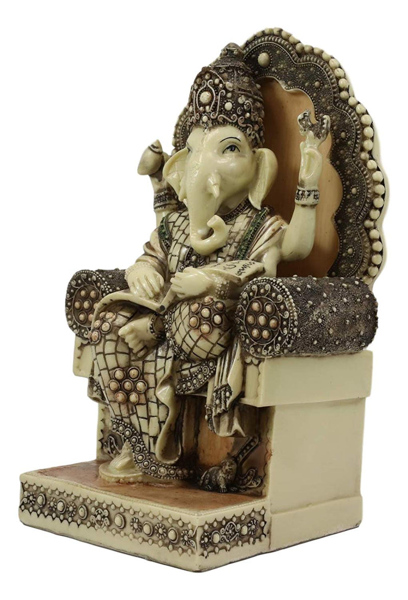 Ebros 11.25"Tall Hindu Ganesha Sitting On Royal Throne With Tiny Mouse Statue - Ebros Gift