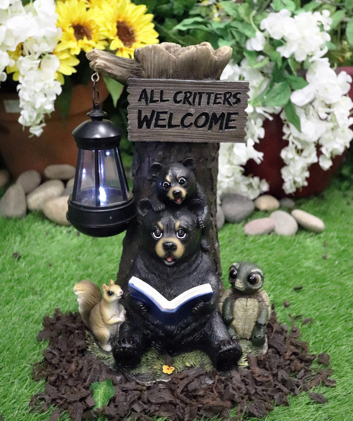 Ebros Gift Whimsical Forest Bedtime Story Mother Bear With Baby Cub Turtle And Squirrel Solar LED Light Lantern Welcome Sign Statue Fairy Tales Nursery Rhymes Guest Greeter Figurine Decor - Ebros Gift