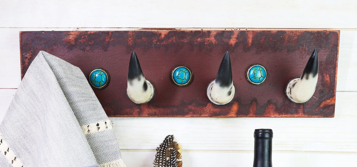 20"L Rustic Western Country Bull Cow Horns With Gems Wall Hooks Wooden Plaque