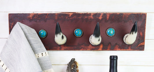 20"L Rustic Western Country Bull Cow Horns With Gems Wall Hooks Wooden Plaque