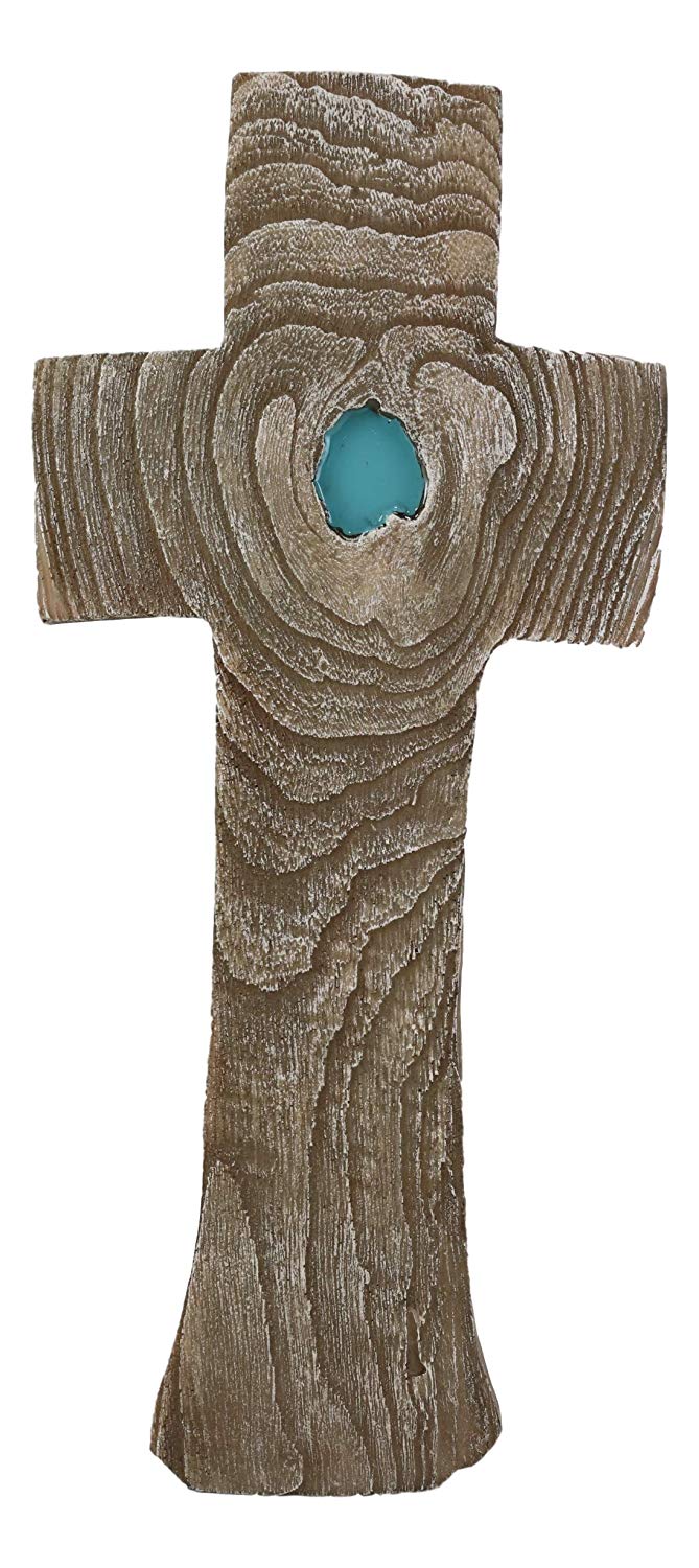 Ebros Inspirational Faux Wood Rustic Tree Rings Bark with Turquoise Inlay Wall Cross Crucifix Decor Plaque Crosses Vintage Art Sculpture 16.75" Tall Catholic Christian Decorative Accent