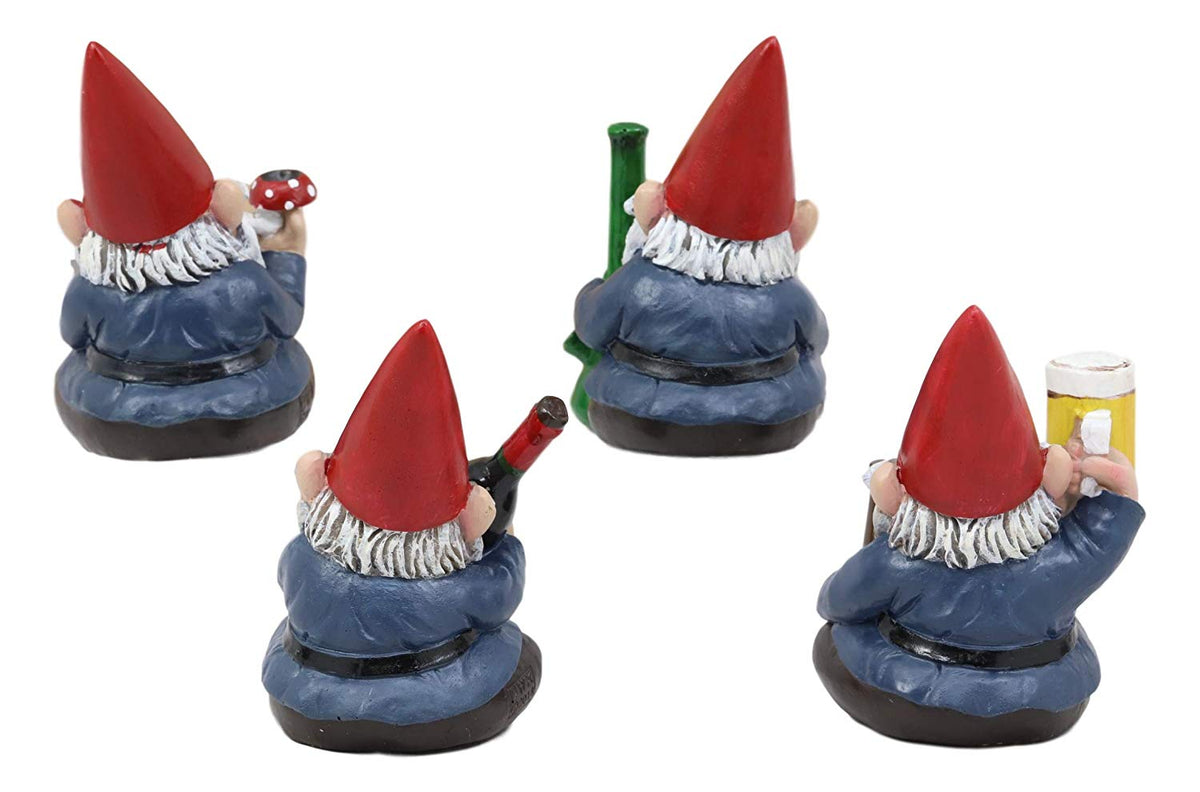 Ebros Happy Times Drunk and High Gnome Figurines Collectible Set of 4 Whimsical Dwarf Gnomes Home Shelf Decors Miniature Statues 3.5" Tall Party Celebration of Wine Beer Weed Bong Magic Mushroom - Ebros Gift