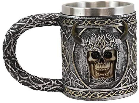 Ebros Viking Skull With Bison Horned Helmet Mug And Wine Goblet 2 Pieces Set