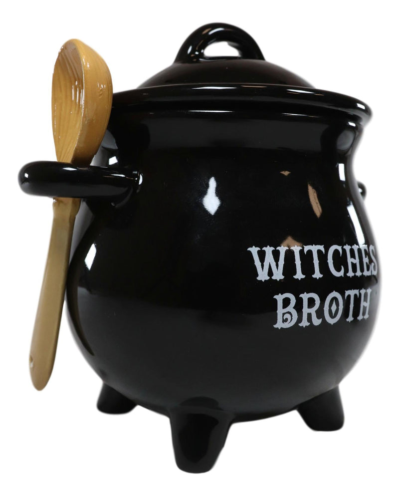 Ebros Ceramic Wicca Black Cauldron Dipping Condiment Bowl Mug With Broom Spoon