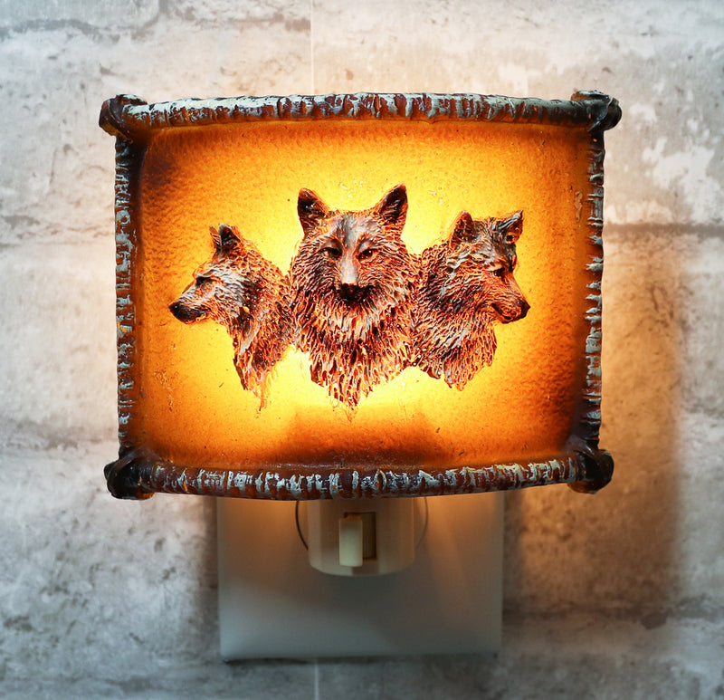 Rustic Western Wolfpack Gray Wolves Faux Birchwood Wall Plug In Night Lights