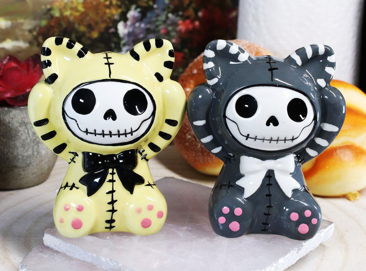 Ebros Furrybones Mao Striped Kittens Voodoo Skeleton Cats Salt And Pepper Shakers Set - Ebros Gift