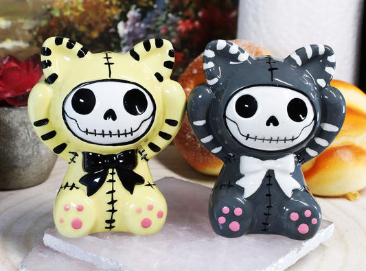 Ebros Furrybones Mao Striped Kittens Voodoo Skeleton Cats Salt And Pepper Shakers Set - Ebros Gift