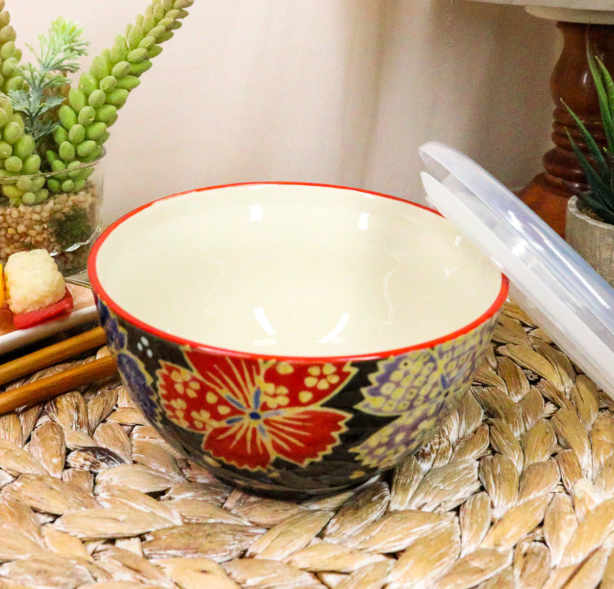 Ebros Set of 2 Ceramic Midnight Floral Blooms Portion Meal Bowls 2 Cups Airtight Lid