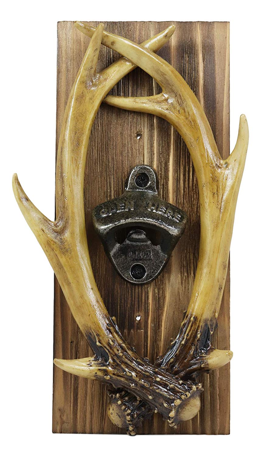 Ebros Rustic Western Faux Entwined Hunter's Stag Deer Antlers Trophy Mounted On Wood Plank Soda Beer Bottle Cap Cast Metal Opener 10.75" High