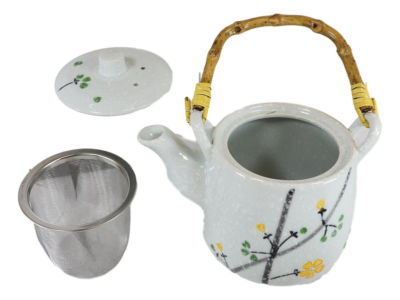 Ebros Japanese Yellow Cherry Blossom Sakura Blossoms Ceramic Tea Pot & 4 Cups
