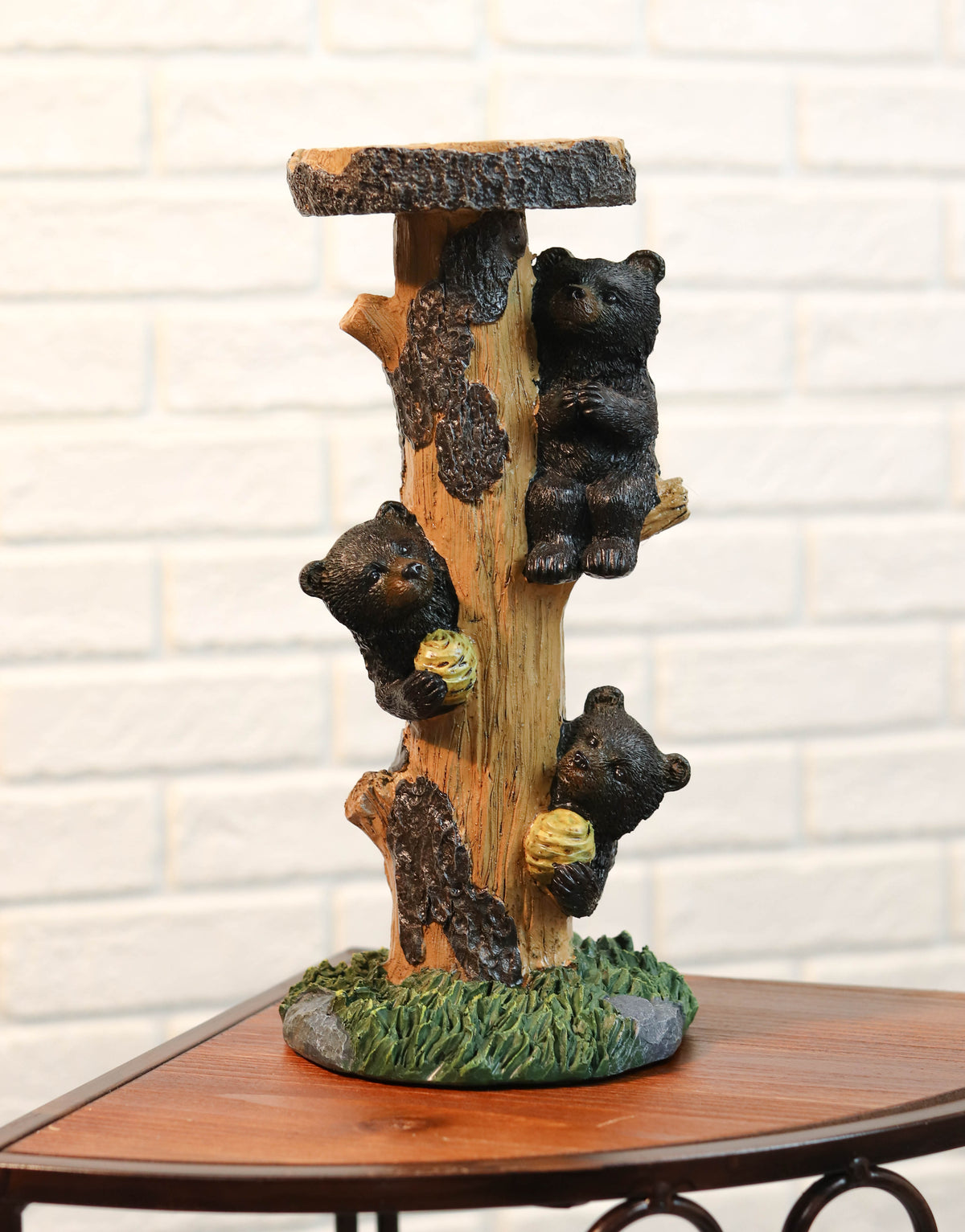 Rustic Climbing Bear Cubs With Bee Hives Pillar Candle Holder Stand Set Of 2