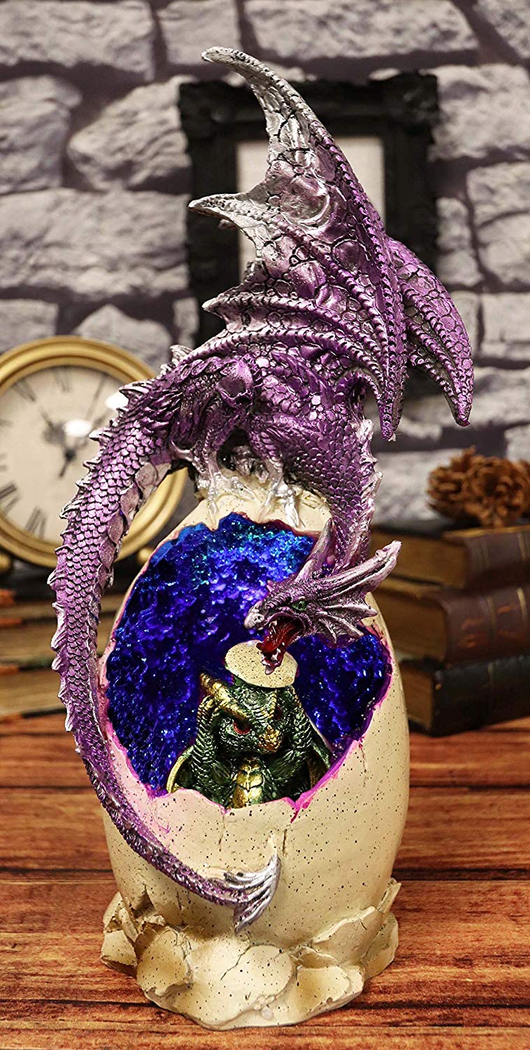 Ebros 12.5"H Magenta Dragon On Crystal Quartz Geode Egg LED Night Light Statue - Ebros Gift