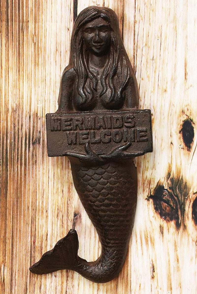 Ebros 12" Tall Cast Iron Mermaid Holding Mermaids Welcome Sign Wall Plaque - Ebros Gift
