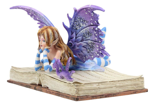 Ebros Amy Brown Purple Lavender Book Worm Fairy with Pet Dragon Statue 7.25" Long Fantasy Mythical Reading Faery FAE Magic Watercolor Collectible Decor Figurine - Ebros Gift